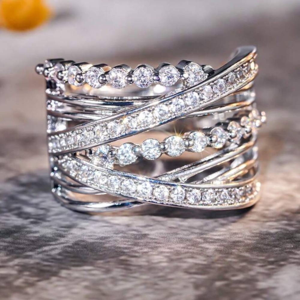 Luxury Multi-Row Pave Cubic Zirconia Wide Band Statement/Cocktail Ring - Picture 3 of 6